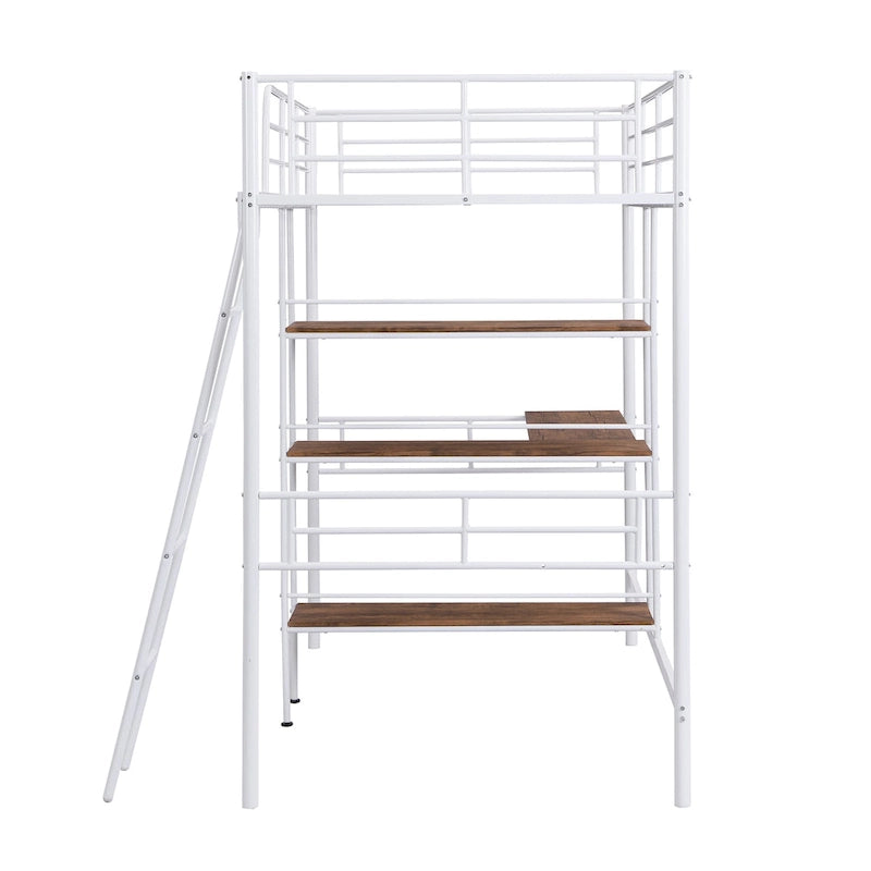 Twin Metal Loft Bed with Built-In Desk and Storage Shelves