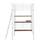 Twin Metal Loft Bed with Built-In Desk and Storage Shelves