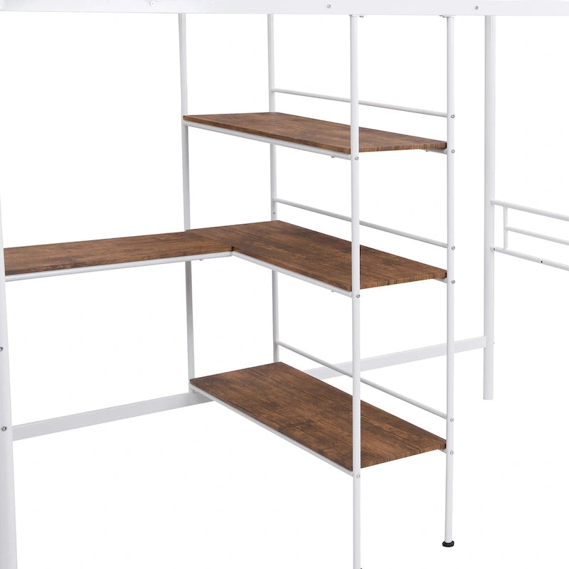 Twin Metal Loft Bed with Built-In Desk and Storage Shelves