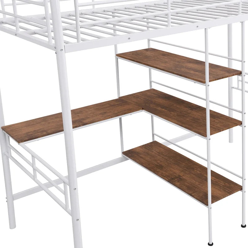 Twin Metal Loft Bed with Built-In Desk and Storage Shelves