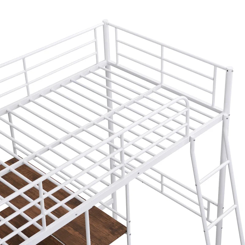 Twin Metal Loft Bed with Built-In Desk and Storage Shelves