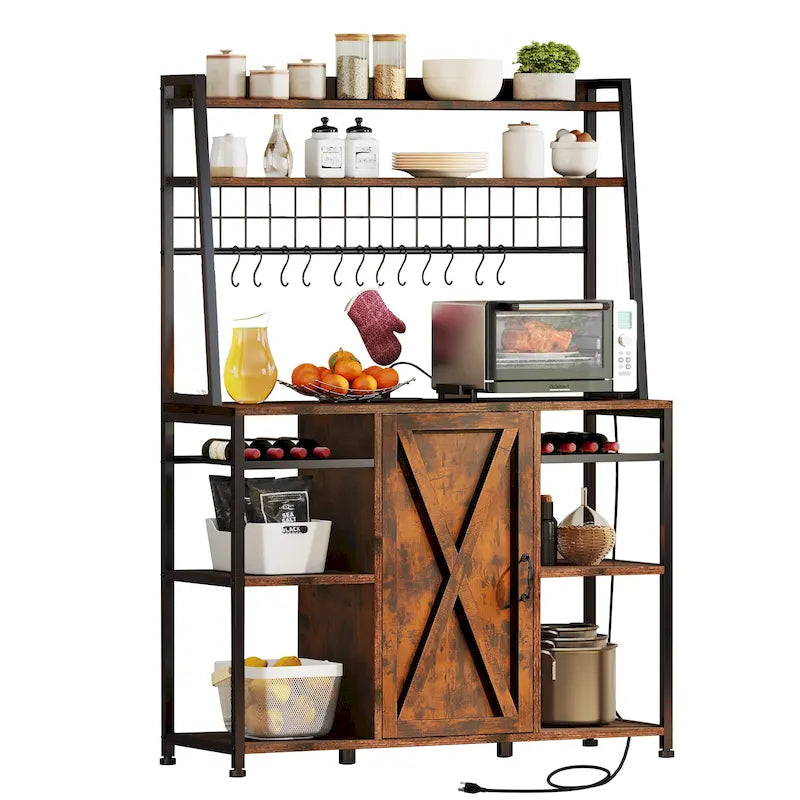 5-Tier Kitchen Bakers Rack with Power Outlets USB Ports, Microwave Stand with Door and Shelves
