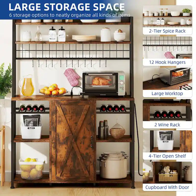 5-Tier Kitchen Bakers Rack with Power Outlets USB Ports, Microwave Stand with Door and Shelves