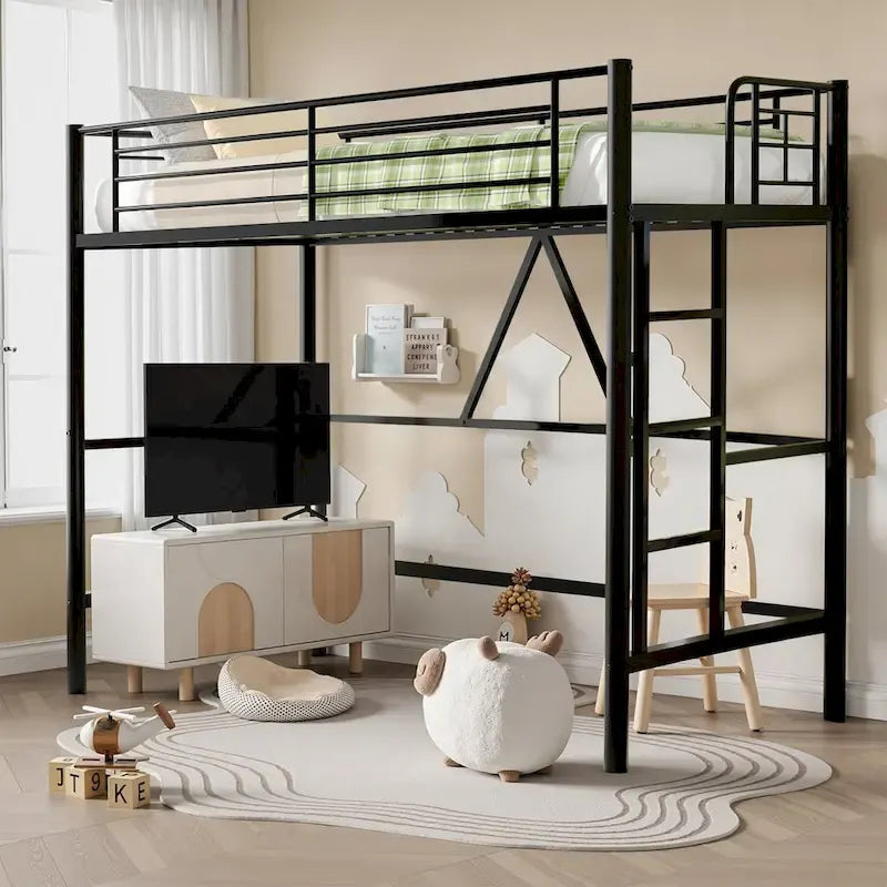 Twin Size Loft Bed Frame, Heavy Duty Metal Bed Frame with Full-Length Guardrail & Removable Stairs for Juniors&Adults