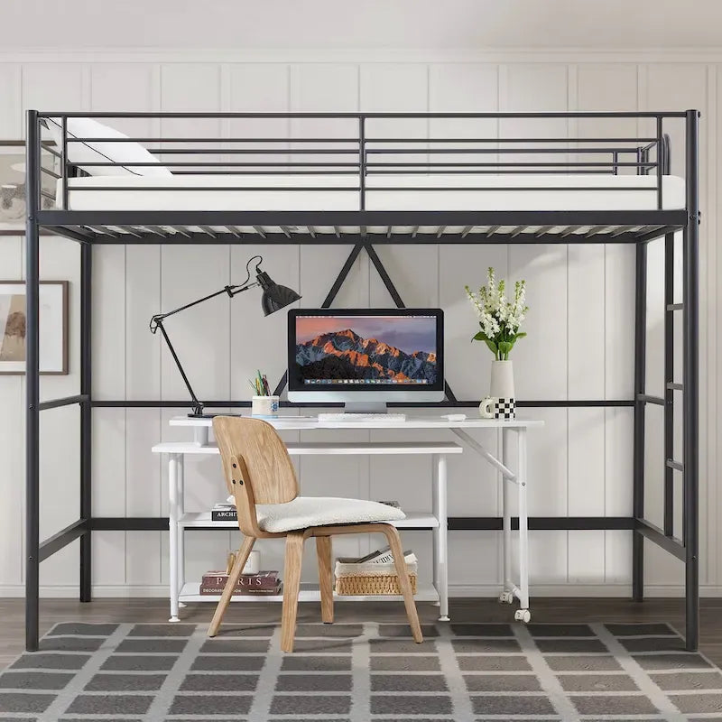 Twin Size Loft Bed Frame, Heavy Duty Metal Bed Frame with Full-Length Guardrail & Removable Stairs for Juniors&Adults