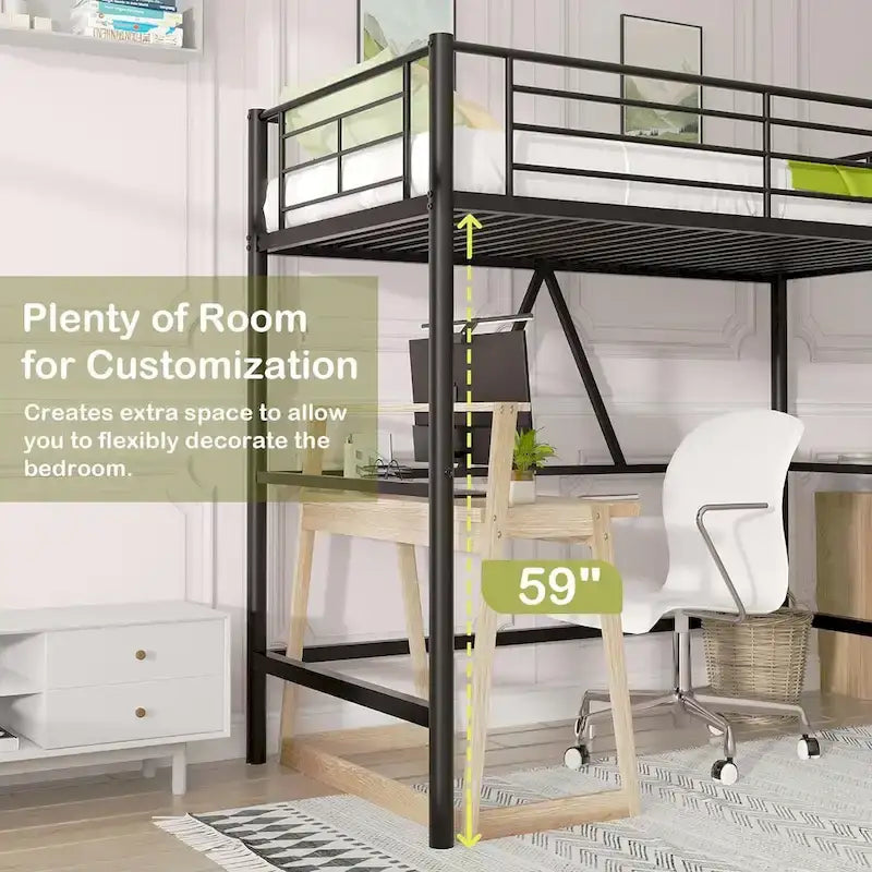 Twin Size Loft Bed Frame, Heavy Duty Metal Bed Frame with Full-Length Guardrail & Removable Stairs for Juniors&Adults