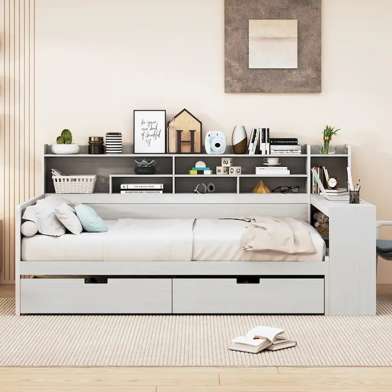 Wooden Full Size Daybed with Storage Shelves