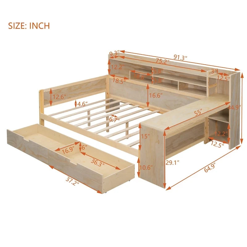Wooden Full Size Daybed with Storage Shelves