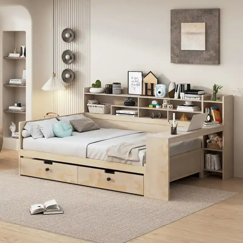 Wooden Full Size Daybed with Storage Shelves
