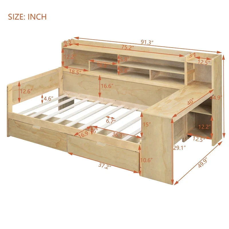 Wooden Full Size Daybed with Storage Shelves