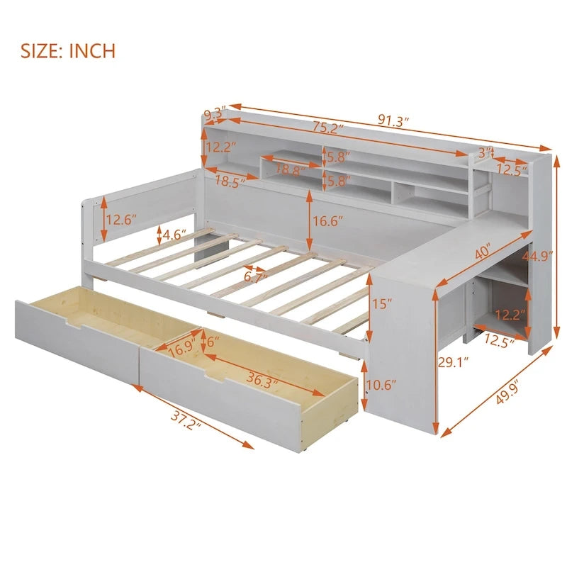 Wooden Full Size Daybed with Storage Shelves