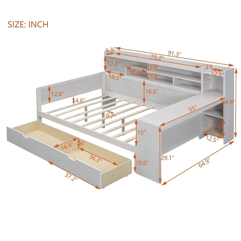 Wooden Full Size Daybed with Storage Shelves