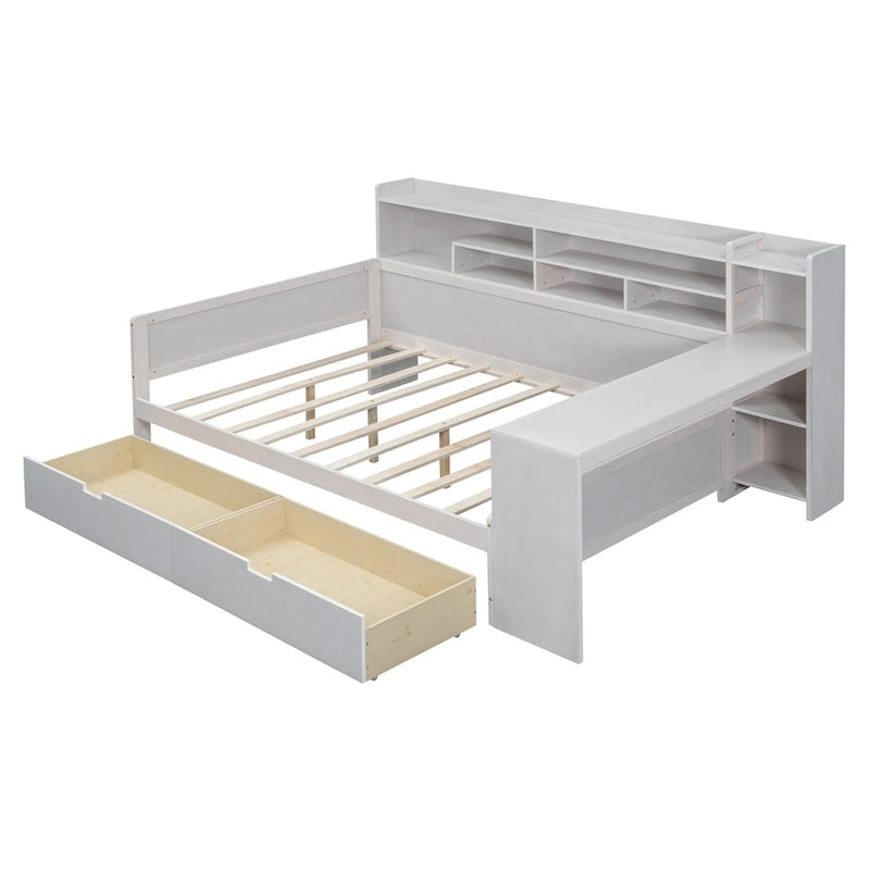 Wooden Full Size Daybed with Storage Shelves