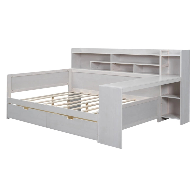 Wooden Full Size Daybed with Storage Shelves