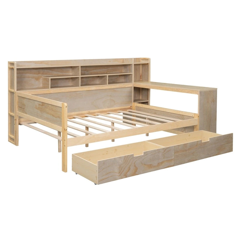 Wooden Full Size Daybed with Storage Shelves