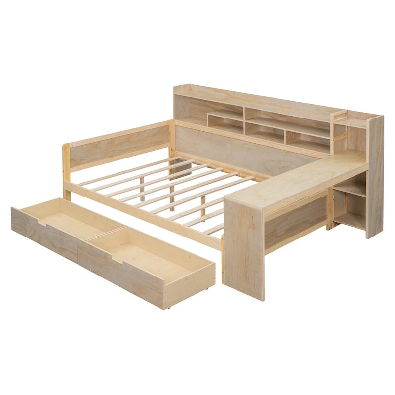 Wooden Full Size Daybed with Storage Shelves