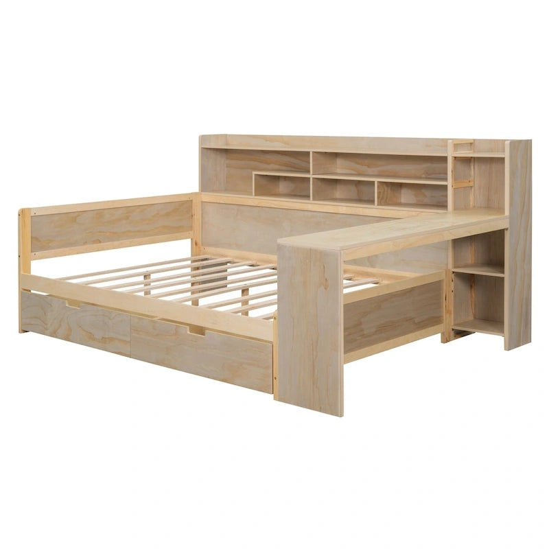Wooden Full Size Daybed with Storage Shelves