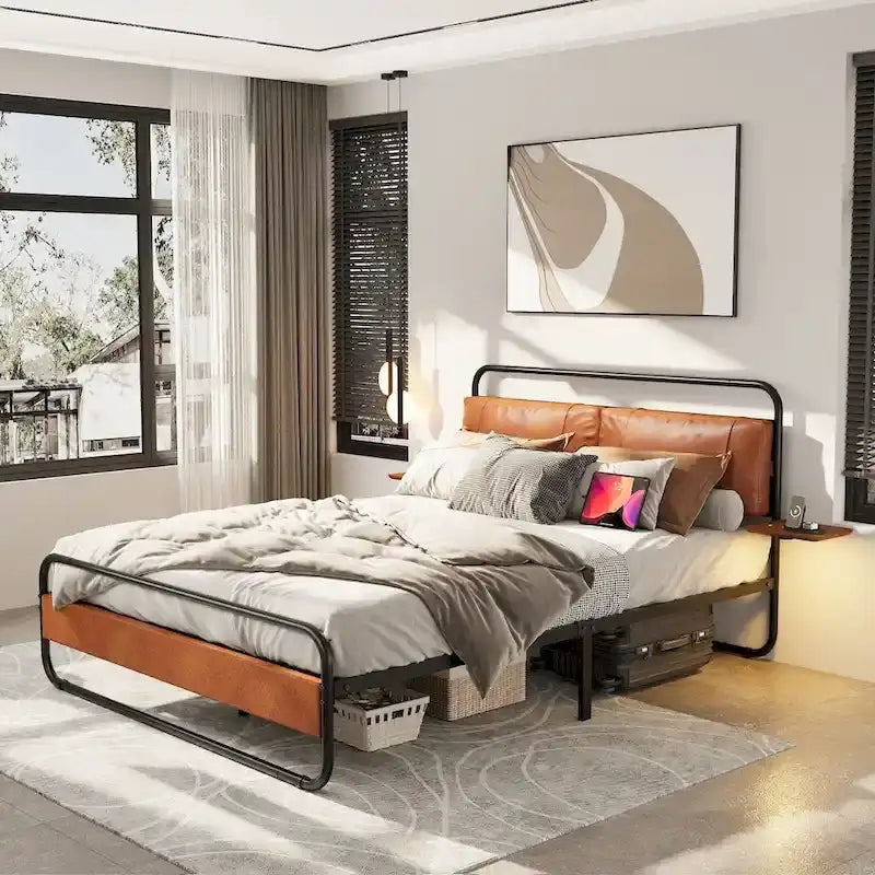 Metal Bed Frame with Upholstered Headboard, Wireless Charging and USB A & USB C & LED Light