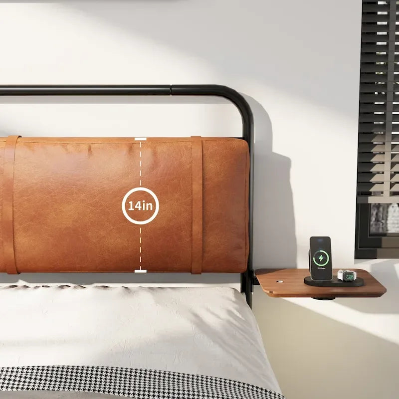 Metal Bed Frame with Upholstered Headboard, Wireless Charging and USB A & USB C & LED Light