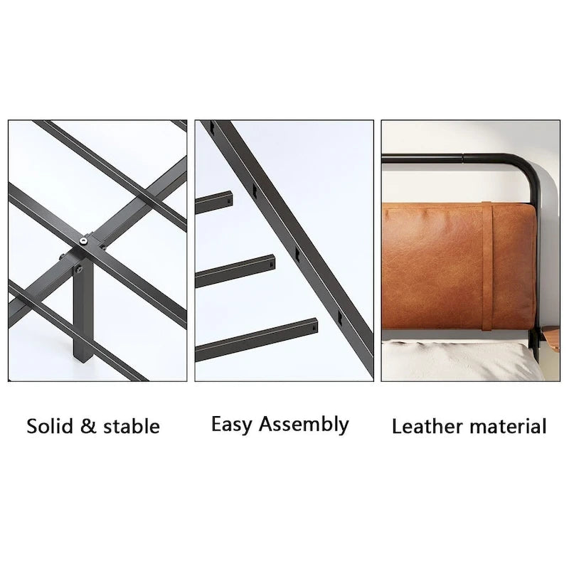 Metal Bed Frame with Upholstered Headboard, Wireless Charging and USB A & USB C & LED Light