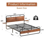 Metal Bed Frame with Upholstered Headboard, Wireless Charging and USB A & USB C & LED Light