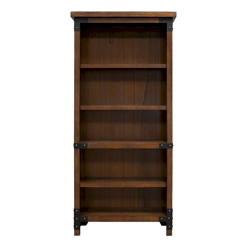 Industrial Auburn Open Bookcase with Iron Casters and Corner Brackets