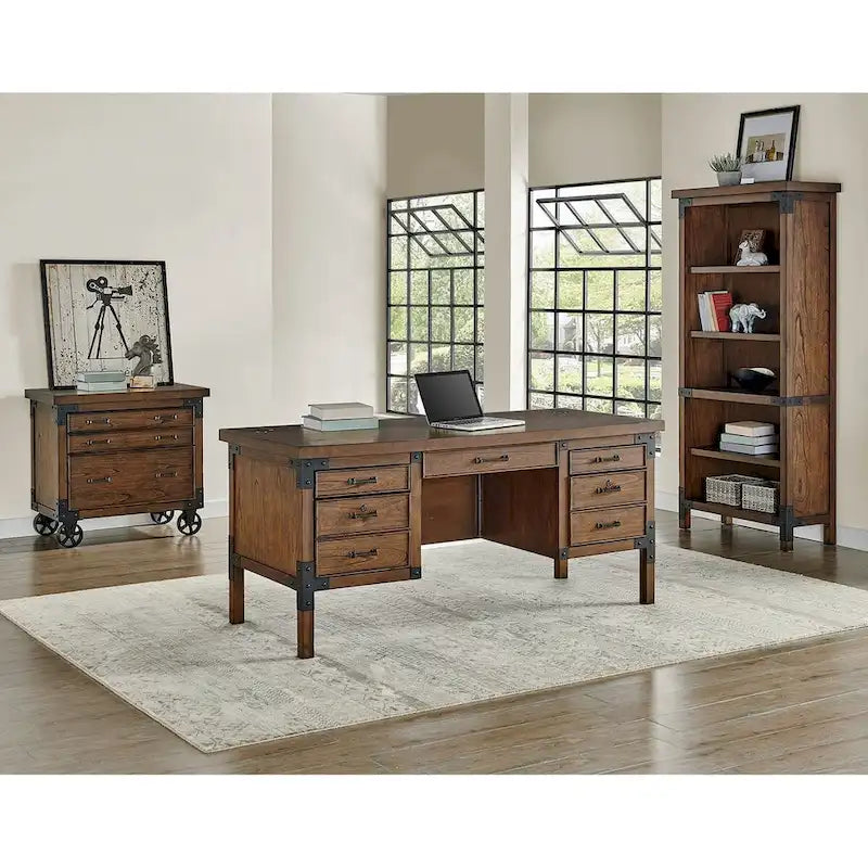 Industrial Auburn Open Bookcase with Iron Casters and Corner Brackets