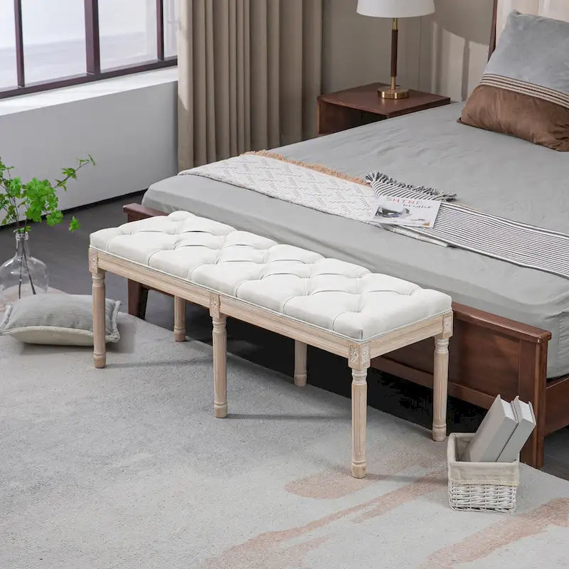 HOMCOM 46 Upholstered Cream White Bedroom End of Bed Bench with Button Tufted, Thick Padding and Wood Legs