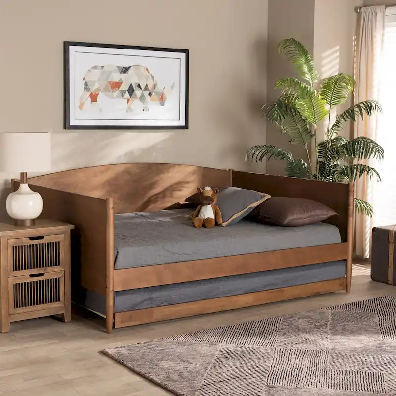Modern Ash Walnut Finished Wood Full Size Daybed with Trundle