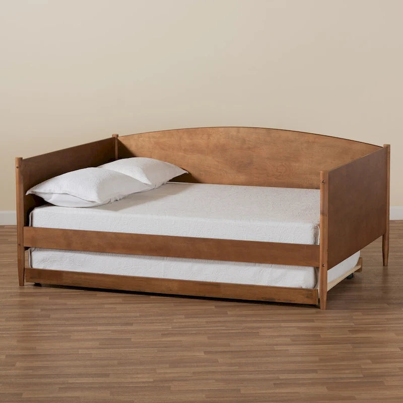 Modern Ash Walnut Finished Wood Full Size Daybed with Trundle