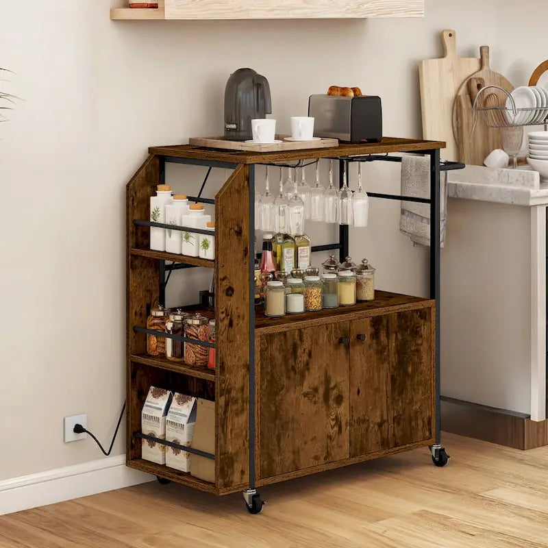 Rolling Portable Kitchen Island Cart With Storage Shelf & Power Outlet